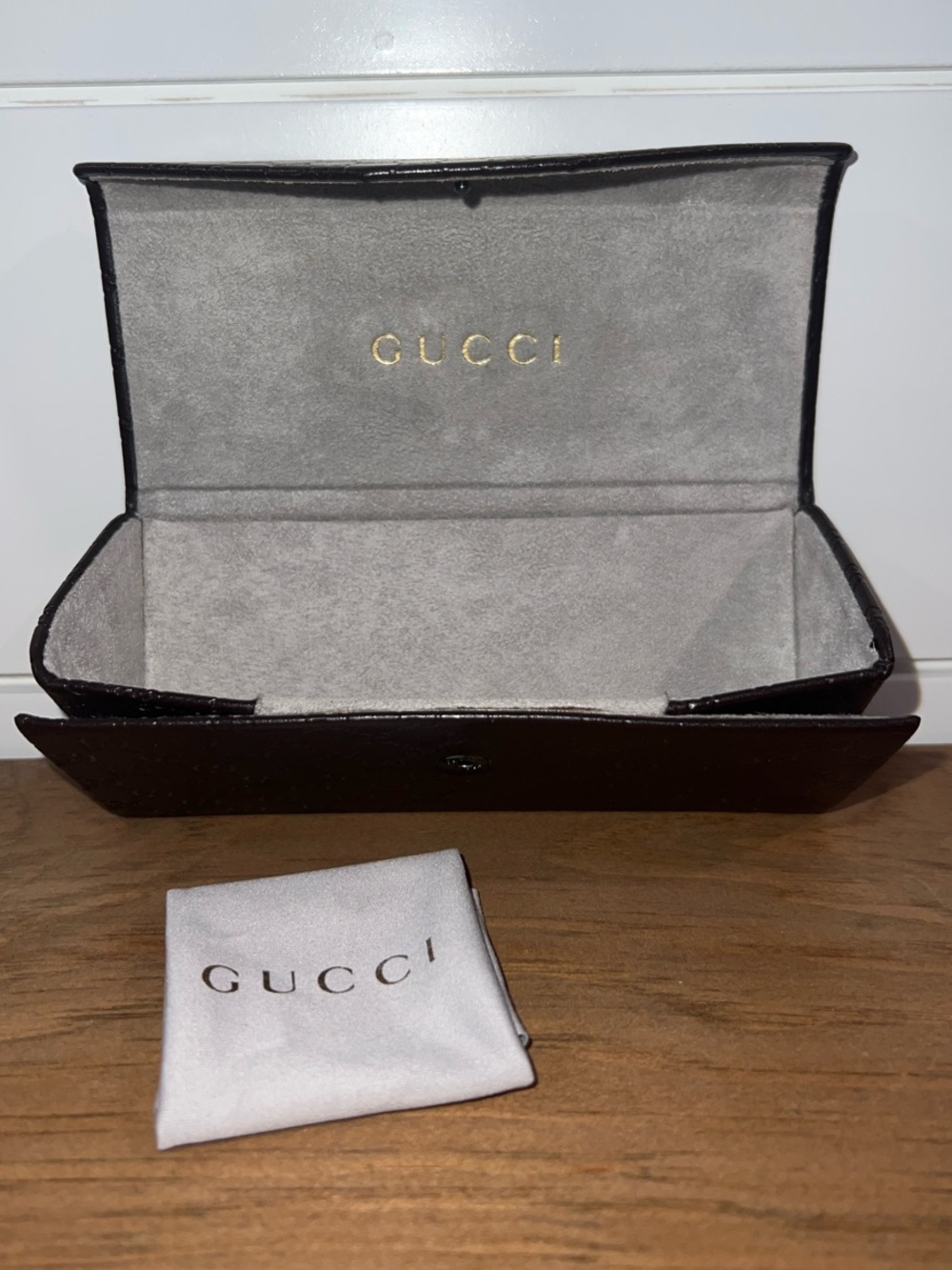 Gucci Brown Monogram Collapsible Eyewear Case with Light Gray Interior